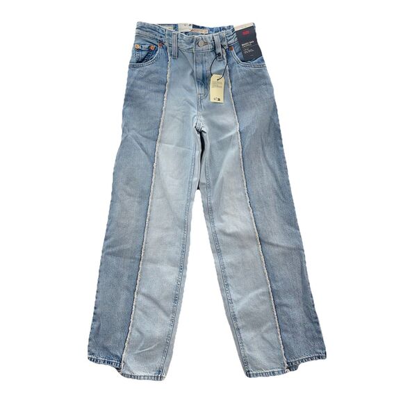 Levi's Premium Baggy Dad Cropped Jeans Women 23x28 Blue 2 Tone Straight Distress - Picture 1 of 16